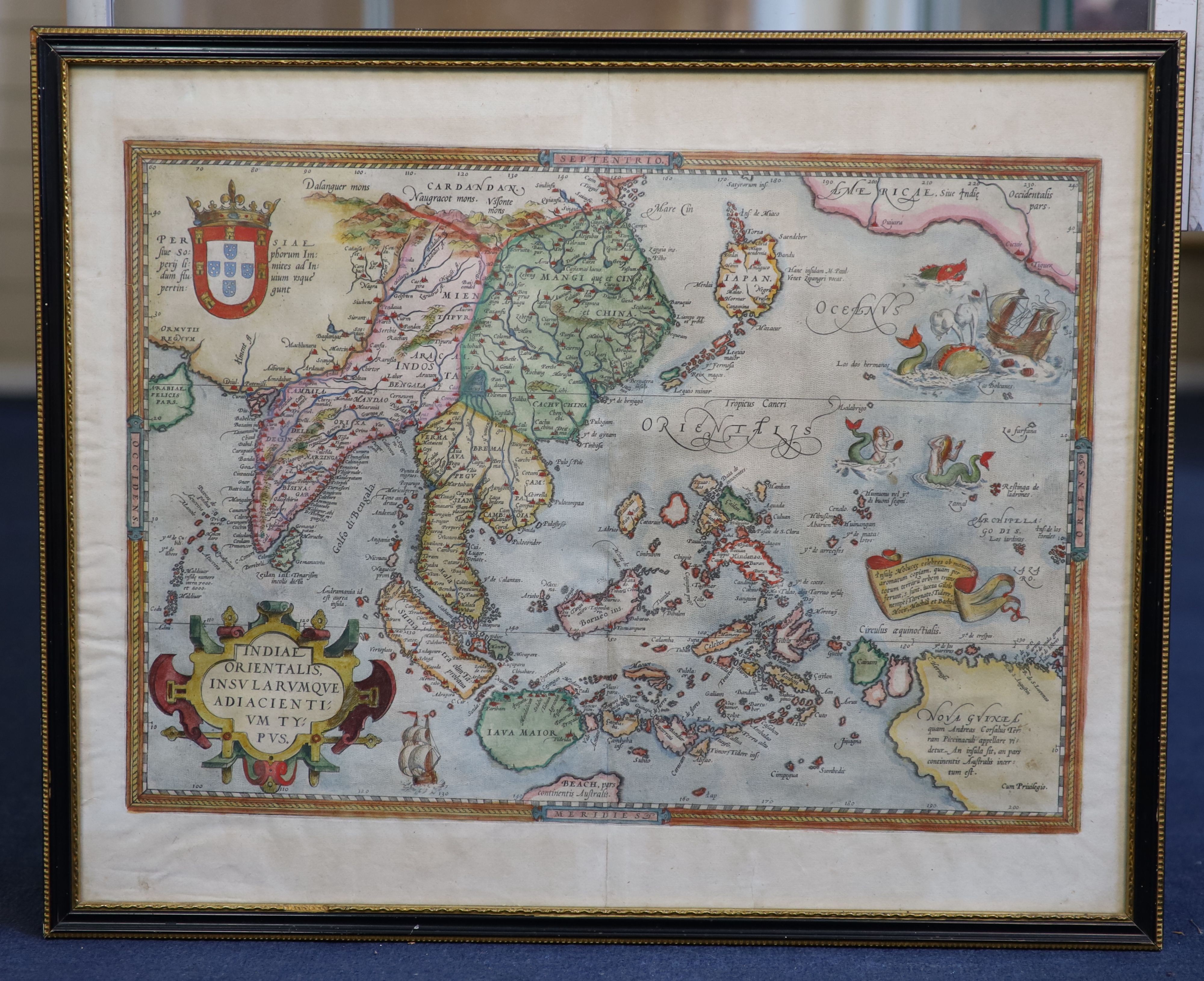 Abraham Ortelius (1527-1598), Map of Indiae Orientalis, 1575, hand coloured engraving, 43 x 54cm